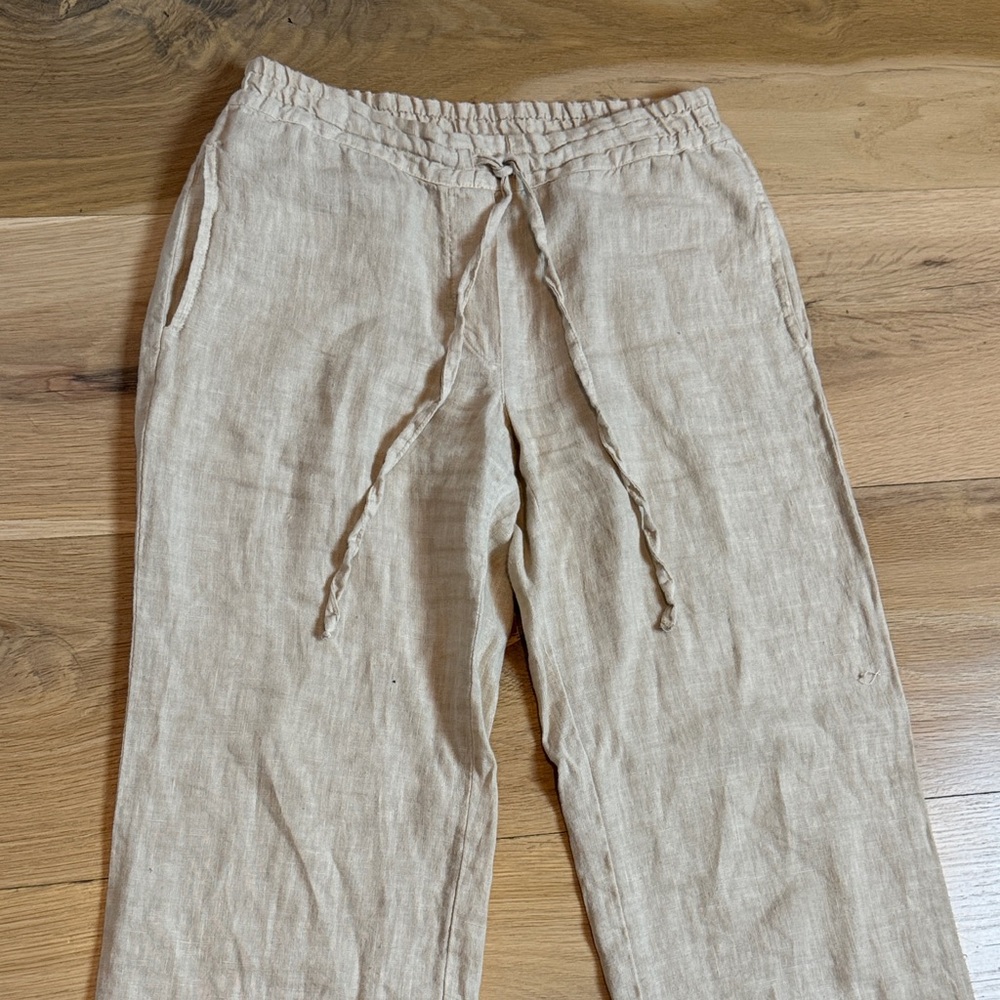 Beige 100% Linen Drawstring Pants - Picture 2 of 6